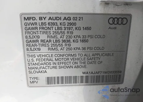 2021 Audi Q7 Premium 45 Tfsi Quattro Tiptronic z USA, uszkodzony, nr VIN WA1AJAF71MD033559